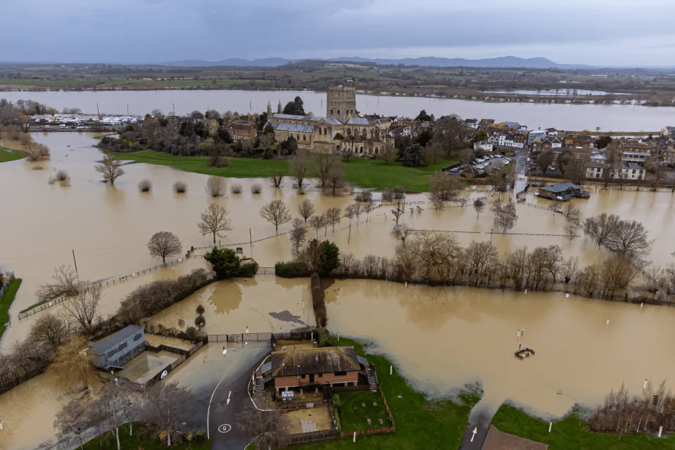 Flooding around Tewkesbury Abbey after heavy rain from Storm Gerrit