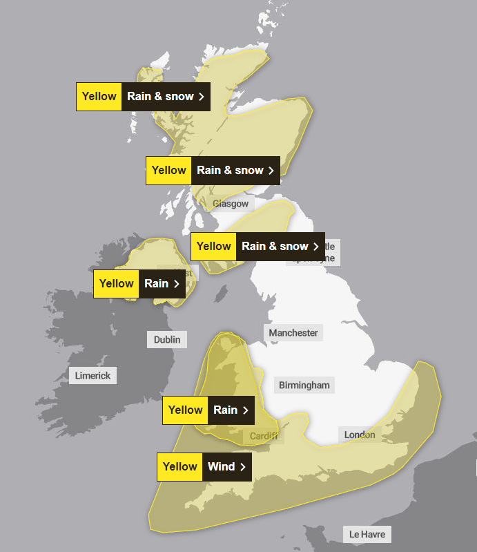 A number of yellow weather warnings are in force for Saturday