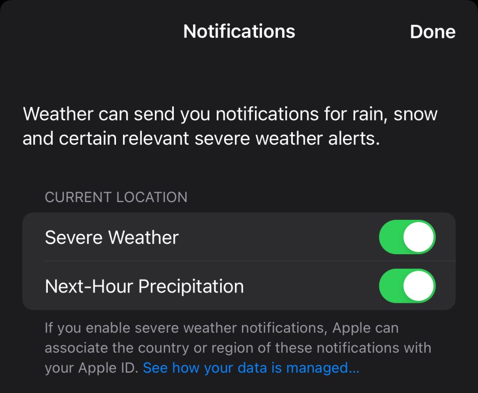 Make sure to set up next-hour precipitation alerts