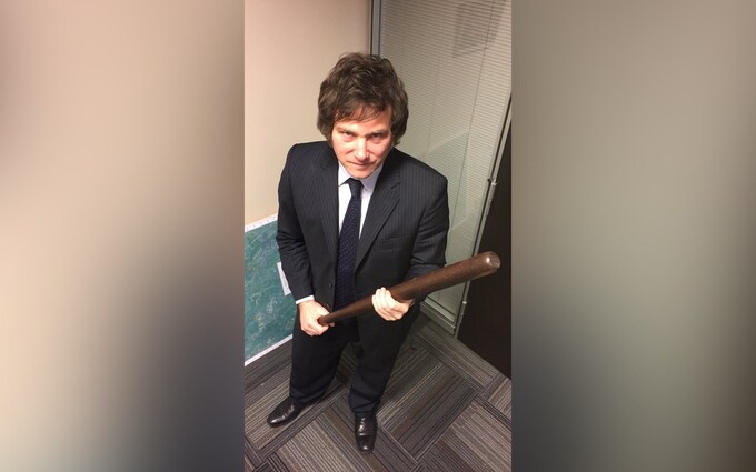 Argentinian ­president Javier Milei brandishing a truncheon