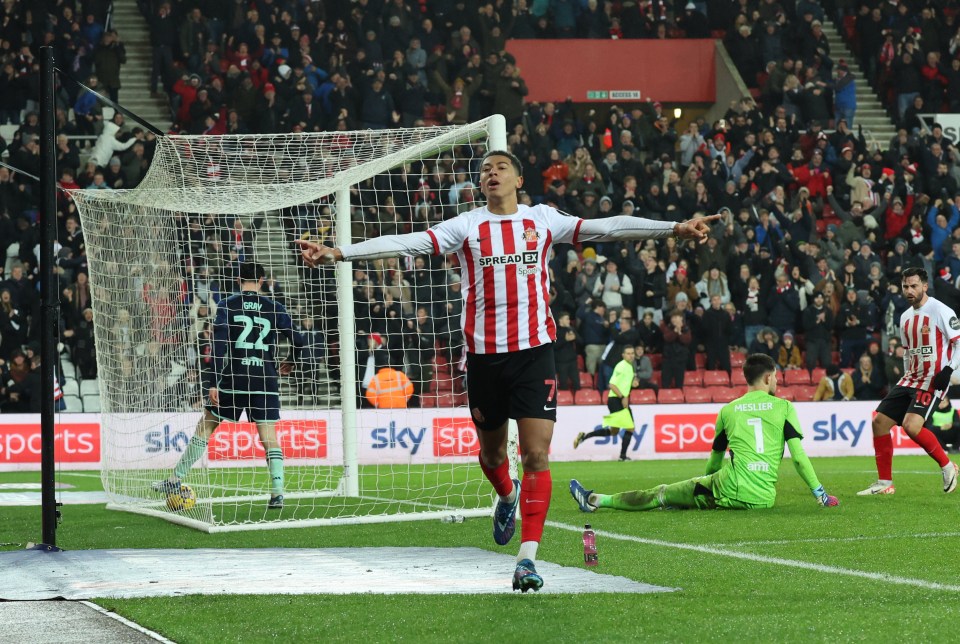 Jobe Bellingham celebrates Sunderland's winner against Leeds