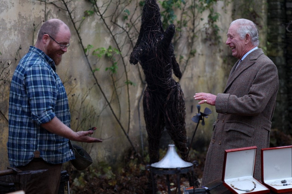 Meanwhile, King Charles was seen laughing with blacksmith Ian Thackray at the ‘Celebration of Craft’ at Highgrove House in Tetbury today