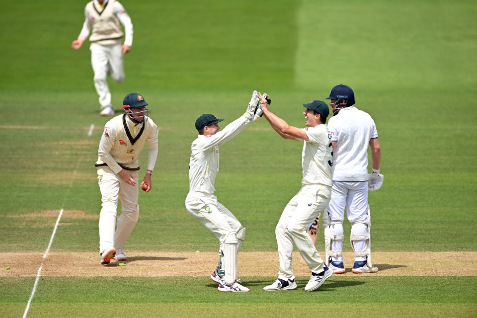 Australia wicketkeeper Alex Carey and Pat Cummins celebrate after running out Jonny Bairstow