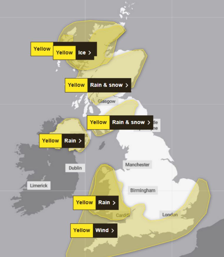 The Met Office issued seven yellow weather warnings covering large parts of the UK today