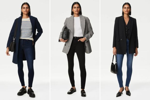 Three images of model wearing M&S thermal skinny jeans