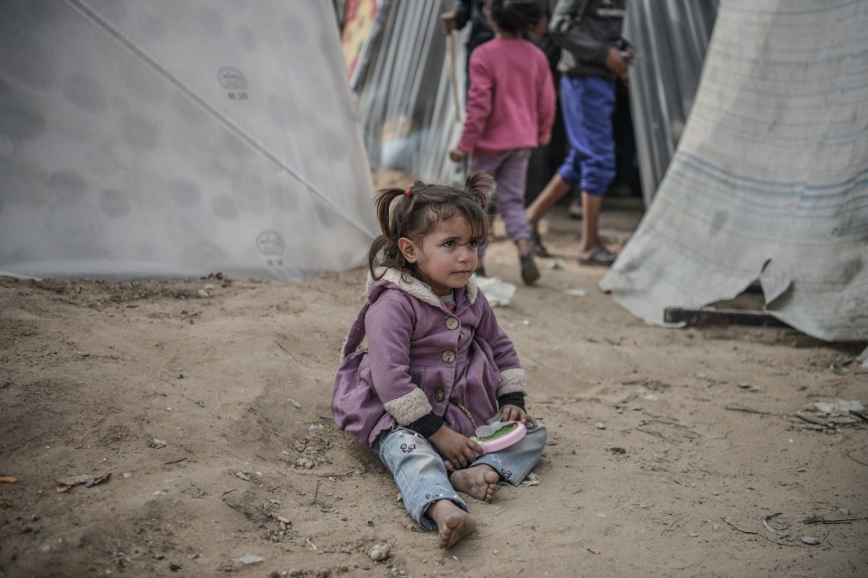 A Palestinian child in a makeshift camp in southern Gaza