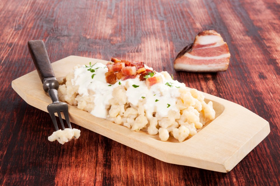 Local dish bryndzové halušky, gnocchi-like dumplings served with cheese and bacon