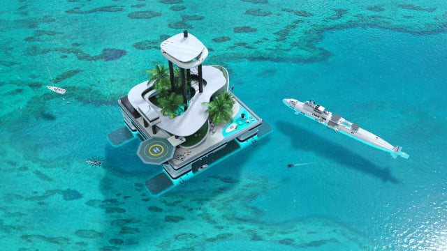 There's an underwater dining room, heli pad and 'shark feeding elevator' on board