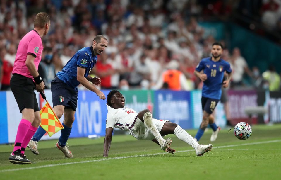 One of the Three Lions' best hopes of victory in the Euro final disappeared when Chiellini pulled Saka over at 1-1 in the 96th minute