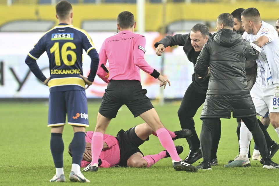 Ref Halil Umut Meler was floored after being struck by the Turkish club chief