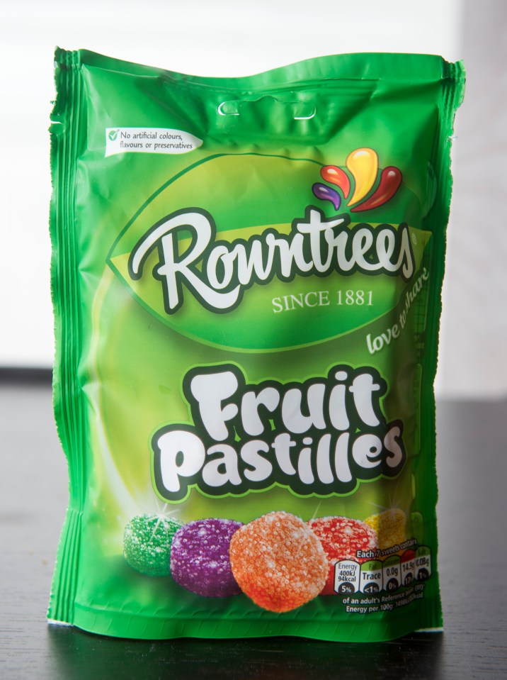 a bag of rowntrees fruit pastilles sits on a table