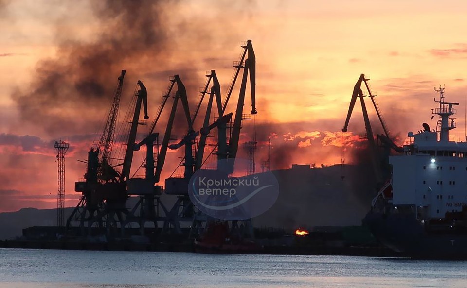 Russian ship Novocherkassk burning out in the port of Feodosia