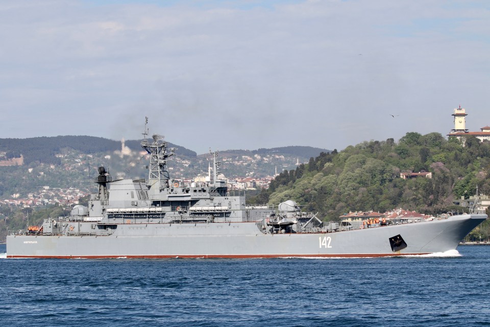 The Russian Navy’s large landing ship Novocherkassk sets sail in the Bosphorus, on its way to the Mediterranean Sea, in 2021