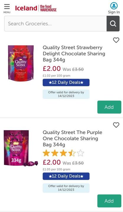 There are tonnes of discounted chocolates on the Iceland website, with these Quality Street sharing bags currently among them