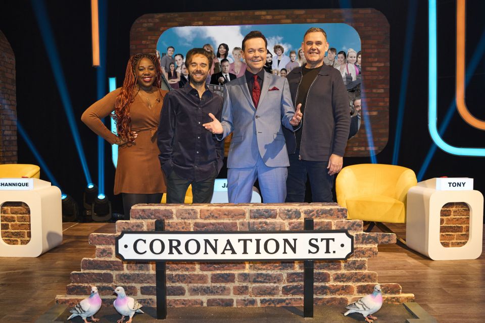 Editorial use only Mandatory Credit: Photo by ITV/Shutterstock (14259203j) Channique Sterling-Brown, Jack P Shepherd, Stephen Mulhern & Tony Maudsley 'The Big Soap Quiz Coronation Street vs Emmerdale' TV Show, UK - 24 Dec 2023 The Big Soap Quiz, is an ITV quiz hosted by Stephen Mulhern. A titanic clash between ITV¿s biggest soaps, tensions run high as the casts of Coronation Street and Emmerdale battle it out to find out who knows their soap best.