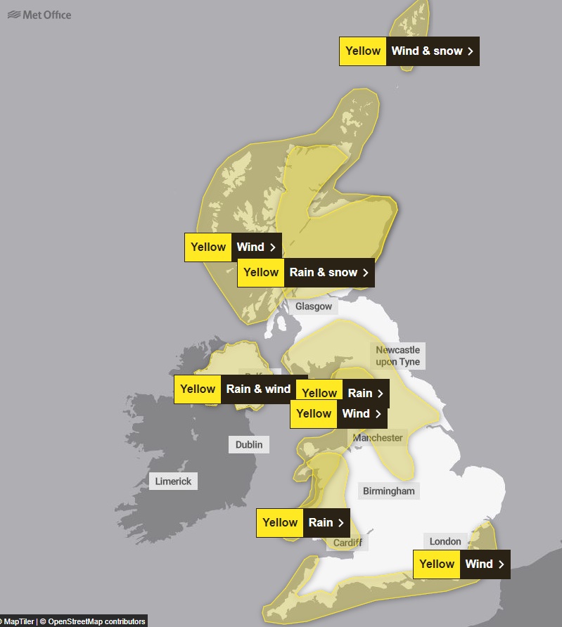 Yellow wind and rain warnings are in place across much of the UK