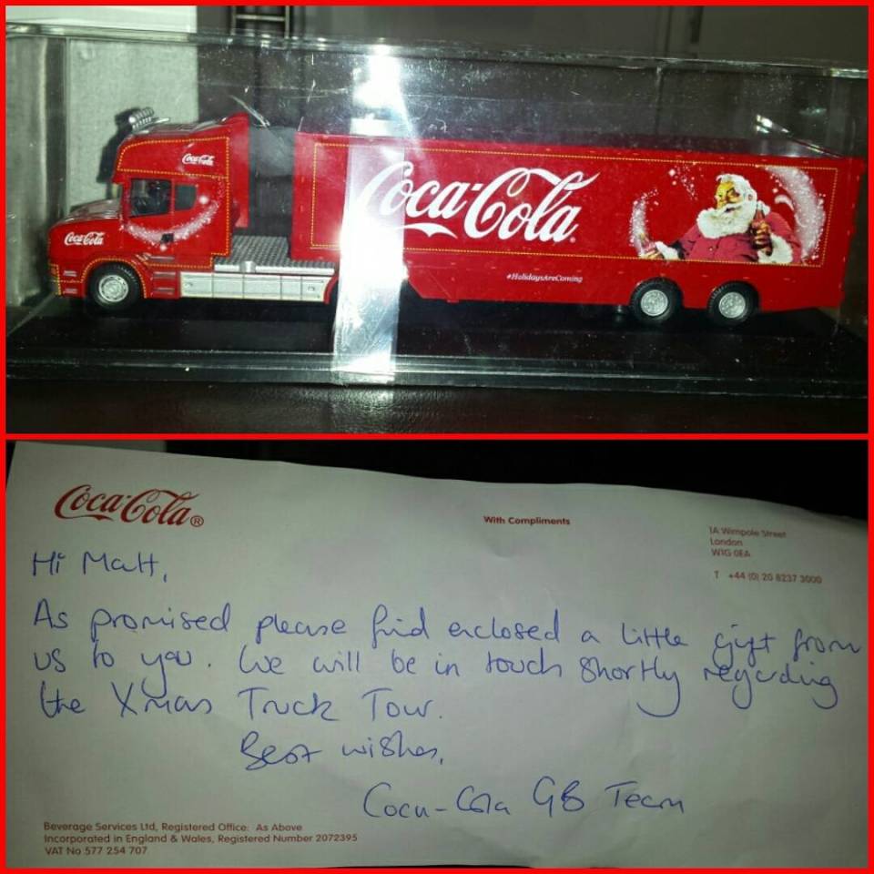 Matt was sent a crate of Coca-Cola and a collectible replica of the truck after the experience