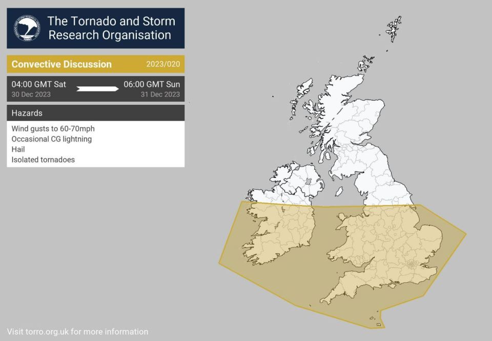 A tornado warning has been issues as Brits face 75mph galeforce winds