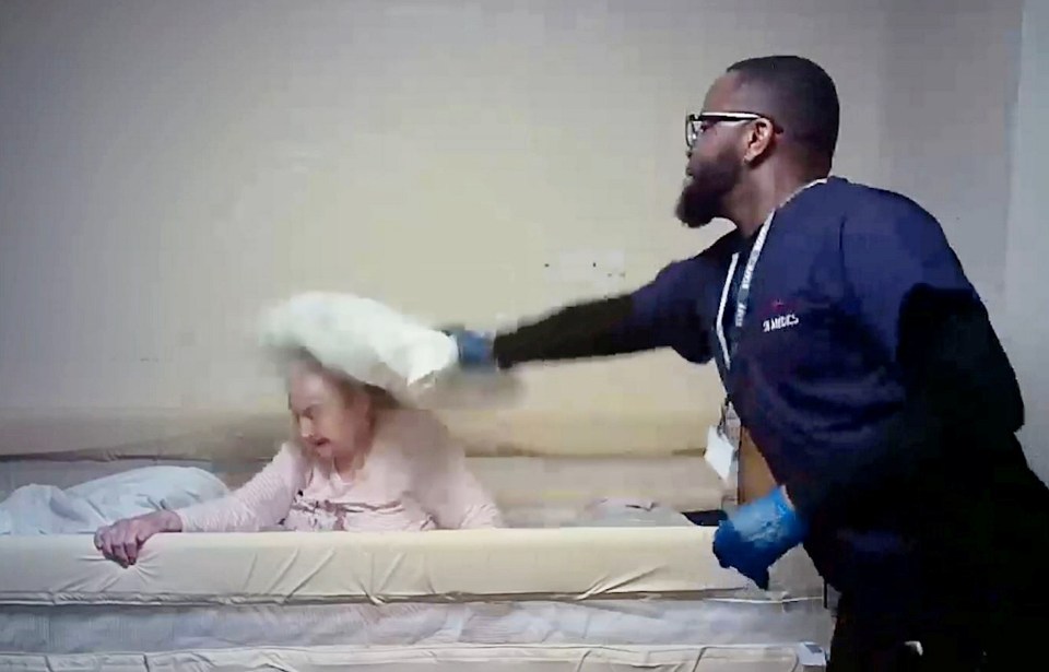 He then smacks the terrified 89-year-old over the head with a pillow