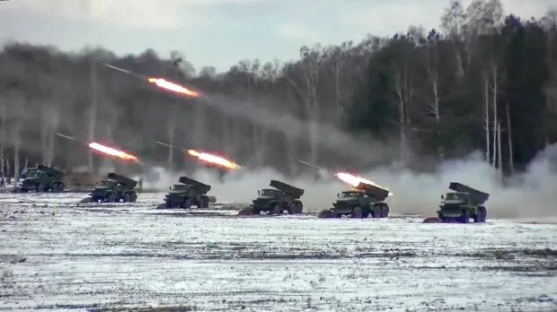 Rocket launchers fire during Belarusian and Russian joint military drills