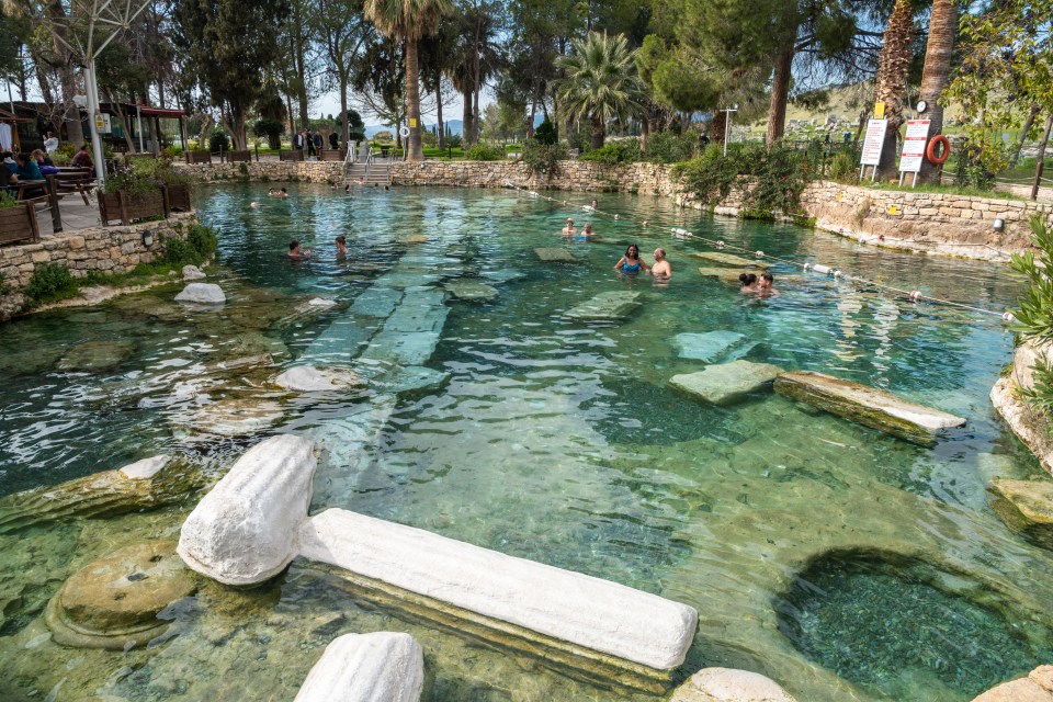 Columns fell into the Cleopatra Pool following an earthquake in the region