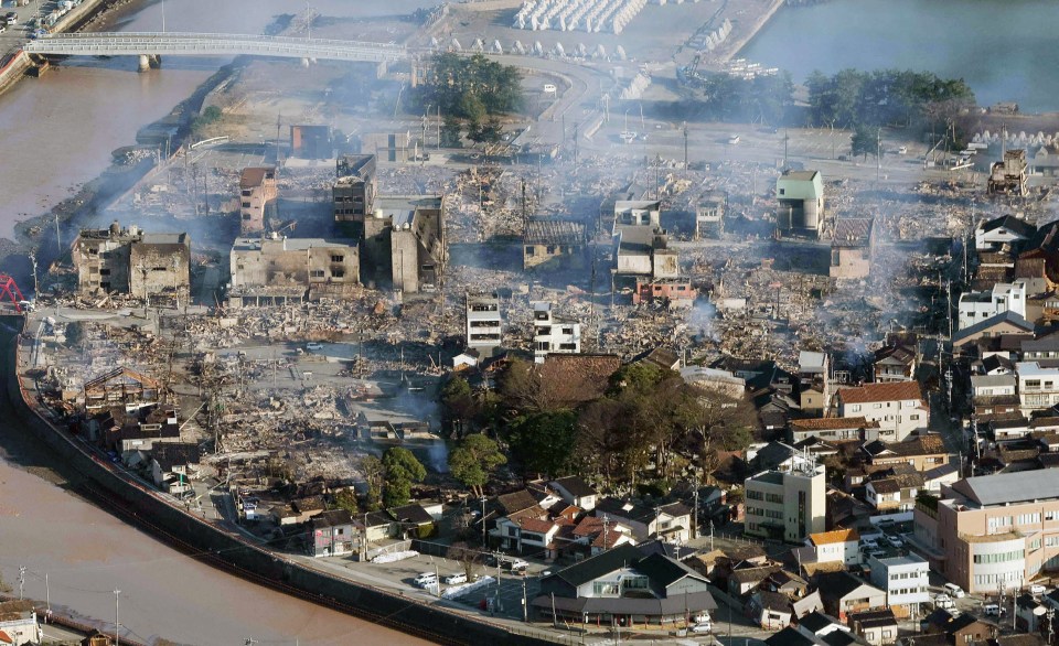 Smoke rising after a huge fire in Wajima, Ishikawa, sparked by the 7.6 magnitude quake