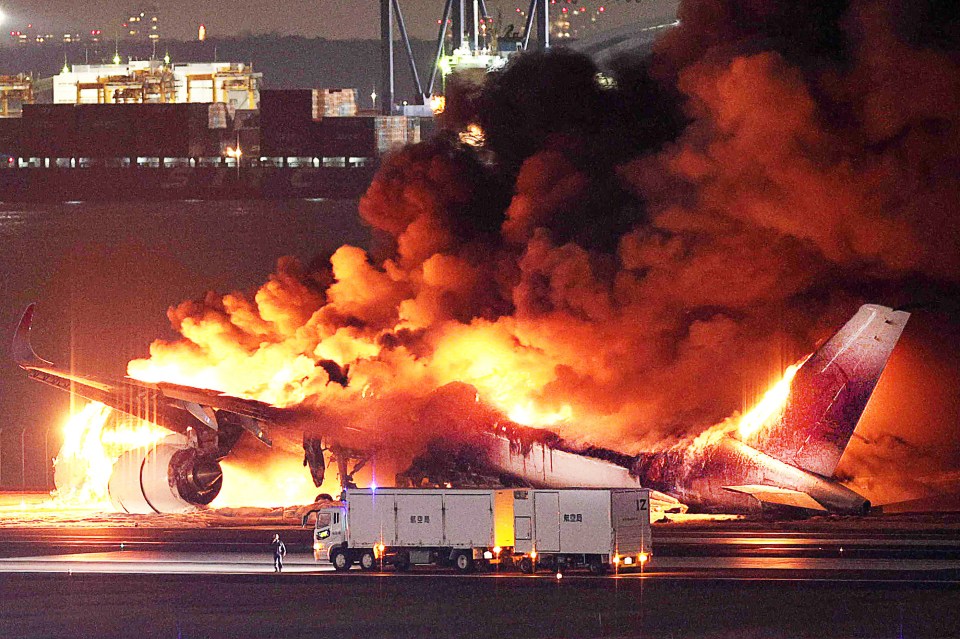 The Japan Airlines plane collided with the smaller coastguard aircraft and burst into flames