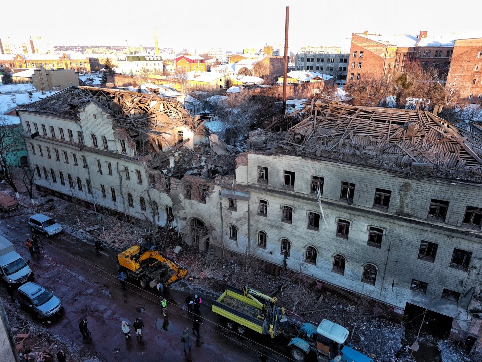 A damaged apartment building after a Russian missile attack in Kharkiv