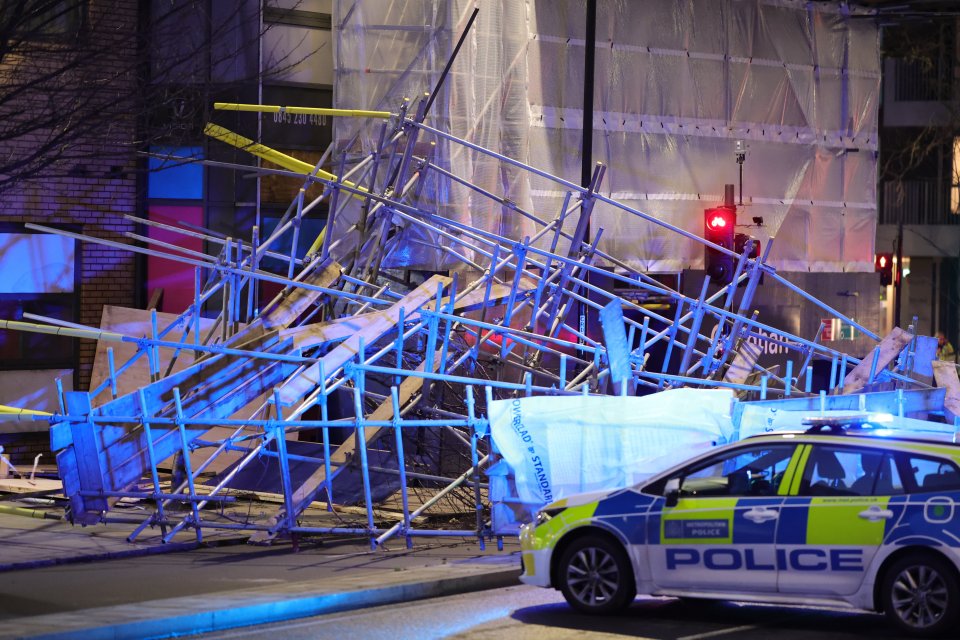 The storm brought down scaffolding in Greenwich, south east London