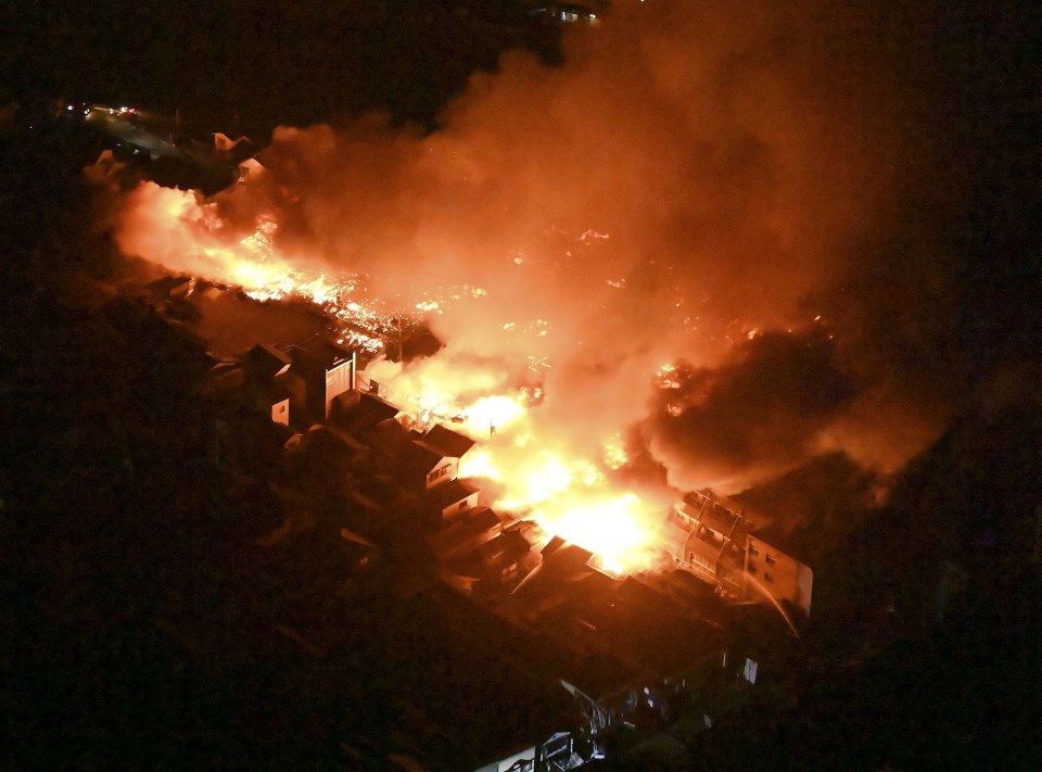 A fire raged through a residential area in Wajima, Ishikawa, following the quakes