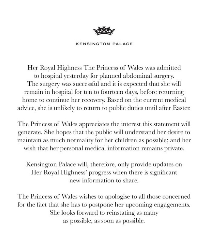 A statement released by the Palace about Kate was shared on X