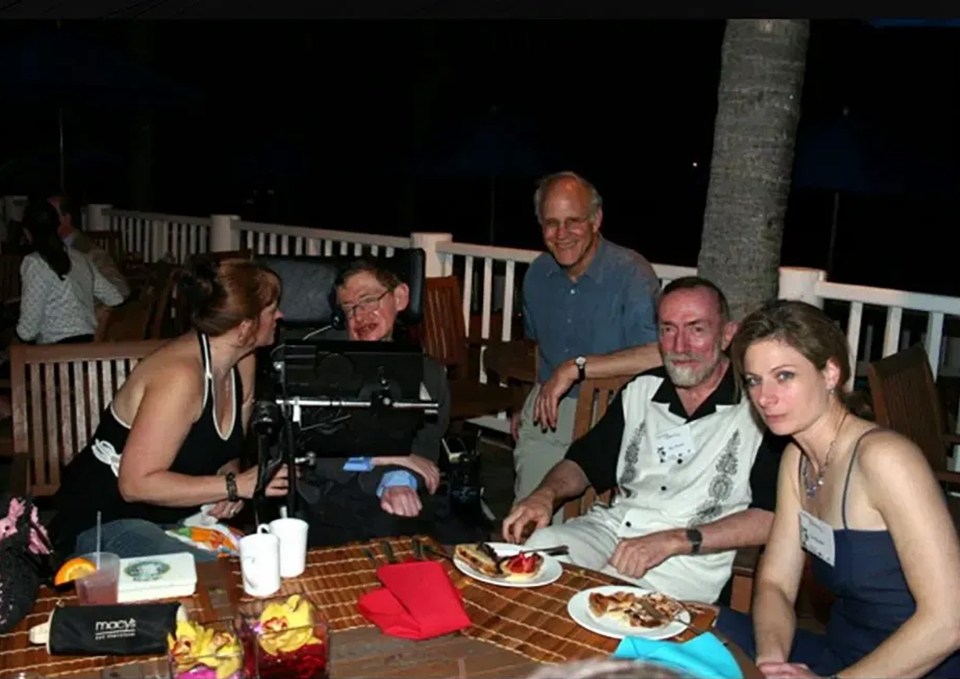 Stephen Hawking at a barbecue on Jeffrey Epstein’s Caribbean island in March 2006