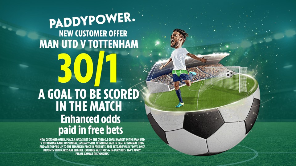 Man Utd vs Spurs odds: Get 30/1 for 1+ goal to be scored with Paddy Power