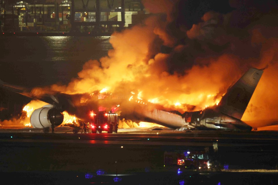 epa11053269 A Japan Airline (JAL) passenger plane bursts into flames on the tarmac at Haneda Airport in Tokyo, Japan, 02 January 2024, after its landing. The JAL airplane apparently collided with a Japan Coast Guard plane as it landed. All 379 people on the JAL plane, including 367 passengers and 12 crew members, have been safely evacuated, according to JAL. The coast guard plane carried six crew members, one escaped from the aircraft and the others were unaccounred for, the coast guard said. EPA/JIJI PRESS JAPAN OUT EDITORIAL USE ONLY/