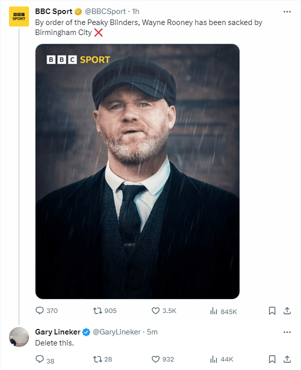 BBC Sport announced Wayne Rooney's sacking with a strange Peaky Blinders post