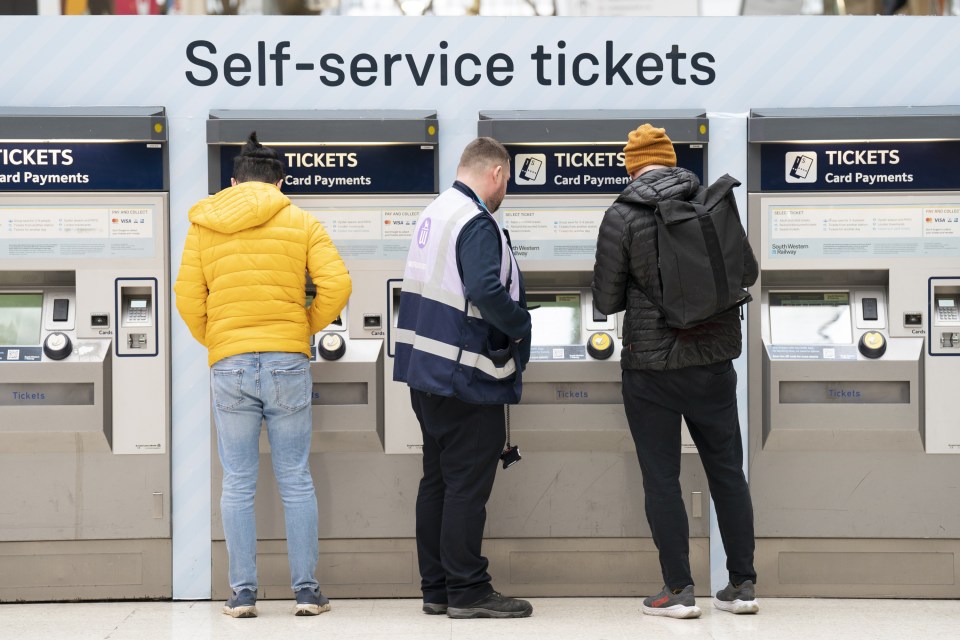 EMBARGOED TO 0001 THURSDAY JANUARY 18 File photo dated 03/03/23 of a member of staff assisting a person at the ticket machines in Waterloo Station train station in London. Railway station ticket machines charge passengers more than twice as much as a major online retailer for some journeys, according to new analysis. Issue date: Thursday January 18, 2024. PA Photo. Consumer group Which? said its investigation found the best value fares are either unavailable or hidden among myriad options on many machines. Industry figures show more than two out of five stations in England do not have a ticket office, while tickets for around 150 million journeys were bought from machines in 2022. See PA story RAIL Machines . Photo credit should read: Kirsty O'Connor/PA Wire