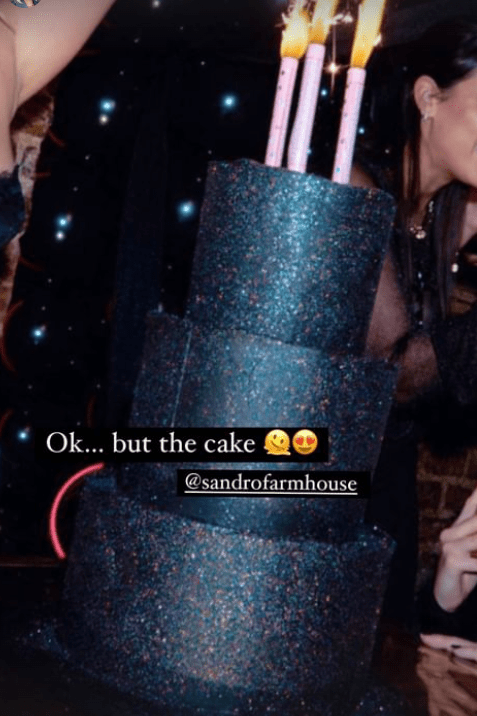 The cake was three tiers tall with glittery icing