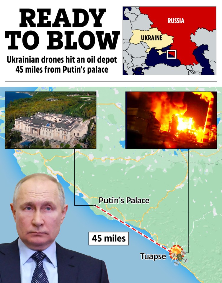 Putin's palace is located just 45 miles from Ukraine's drone strikes in Tuapse