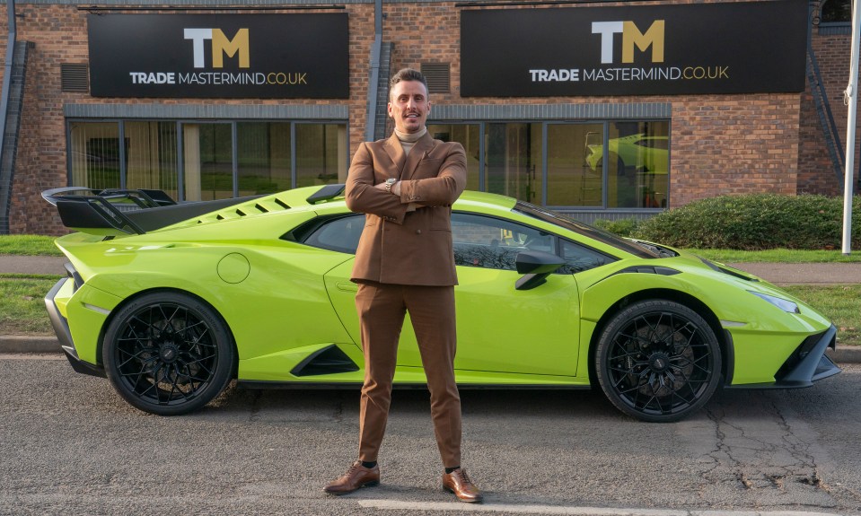 Apprentice winner Joseph Valente standing by his £350,000 green Lamborghini outside his new offices