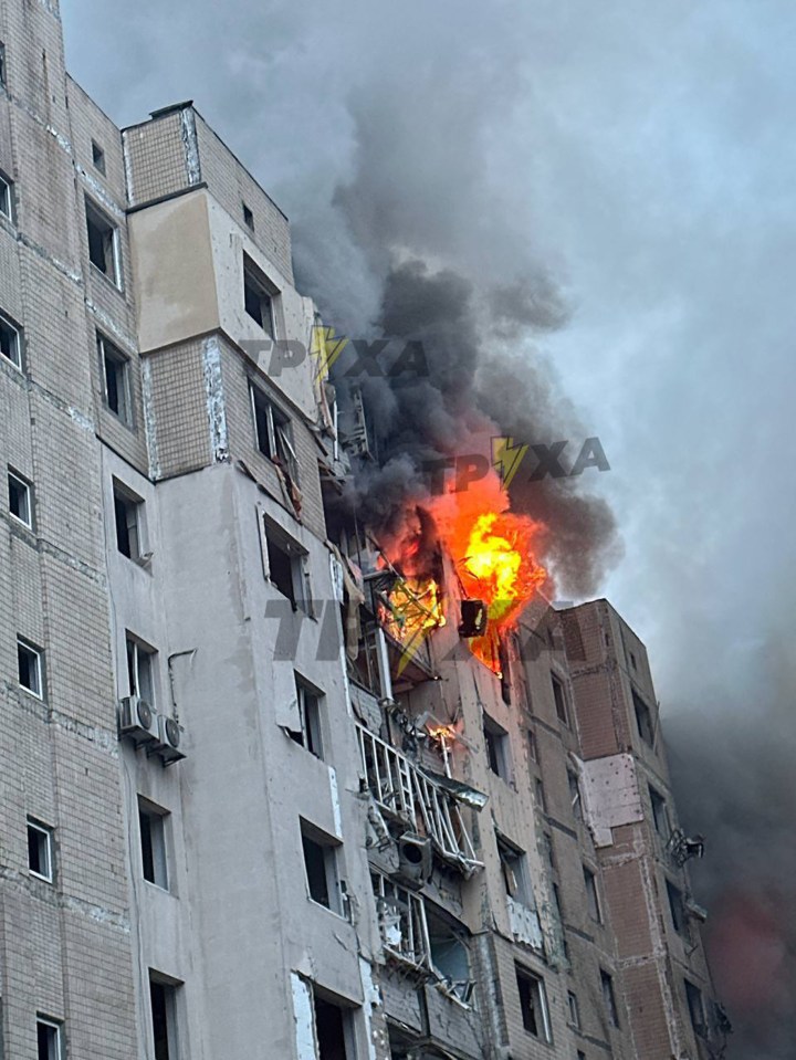 Explosions were reported in Kyiv at high-rise tower blocks, warehouses, a supermarket, a Tesla car dealership, and an electricity station