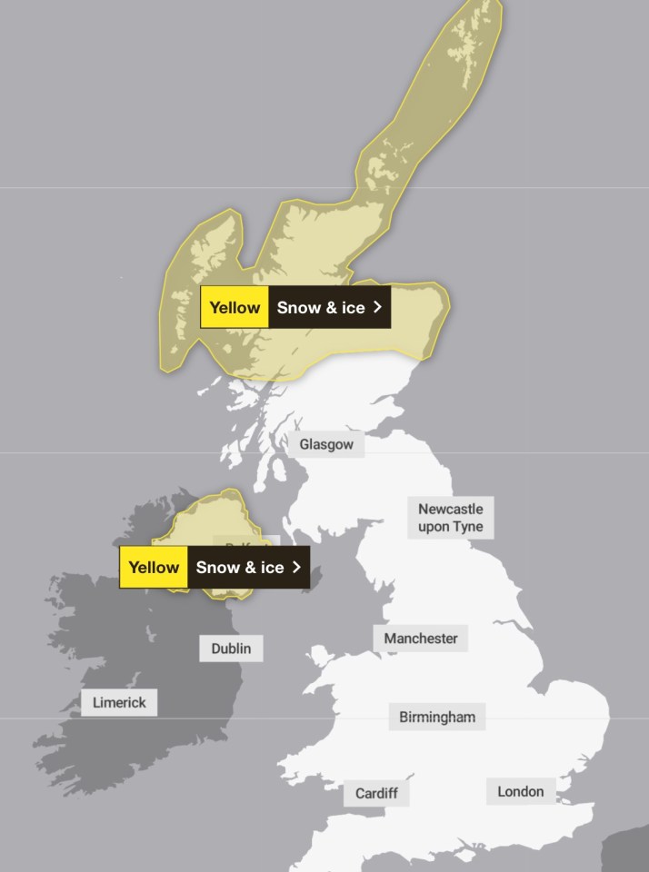 Yellow weather warnings for snow and ice are in place for Northern Scotland and Northern Iceland on Monday