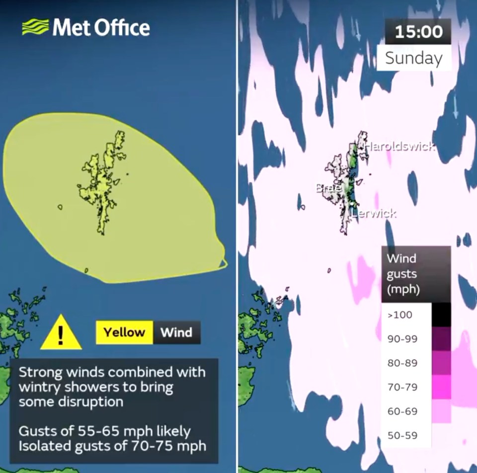 The Shetland Islands could see gale force winds hitting 75mph