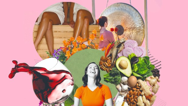 collage of woman with congenital amputee doing yoga surrounded by flowers