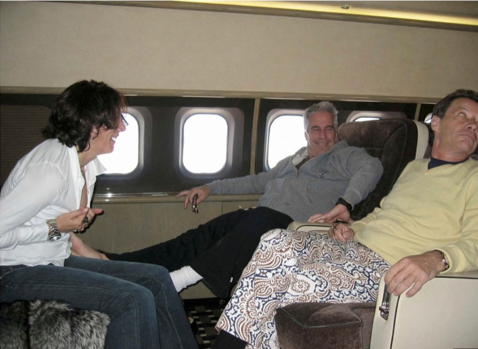 Brunel - wearing the yellow jumper - pictured on a private jet with Epstein and Maxwell