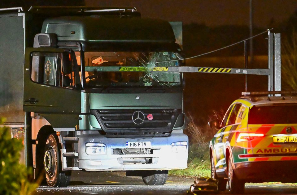 A flailing metal bar smashed this lorry’s windscreen at the Vitality Stadium in Bournemouth