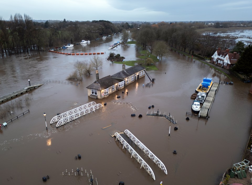 Flood water at Naburn Lock on the outskirts of York during Storm Isha