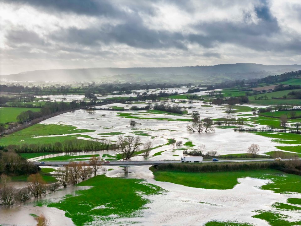 Flooded fields at Axminster in Devon after the River Axe burst its banks