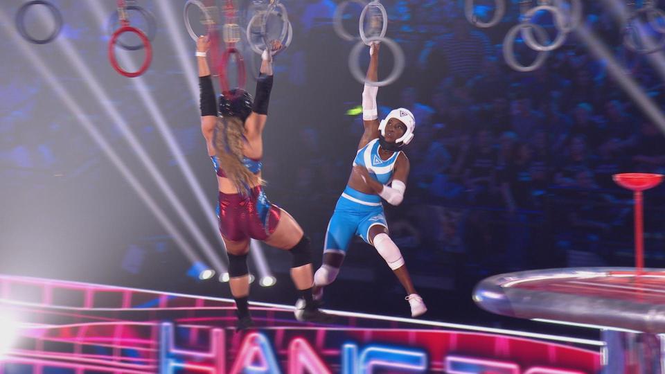 The Ring, contestants fight their way to the centre of a battleground to press a button to win points, while a pair of Gladiators stand in their way