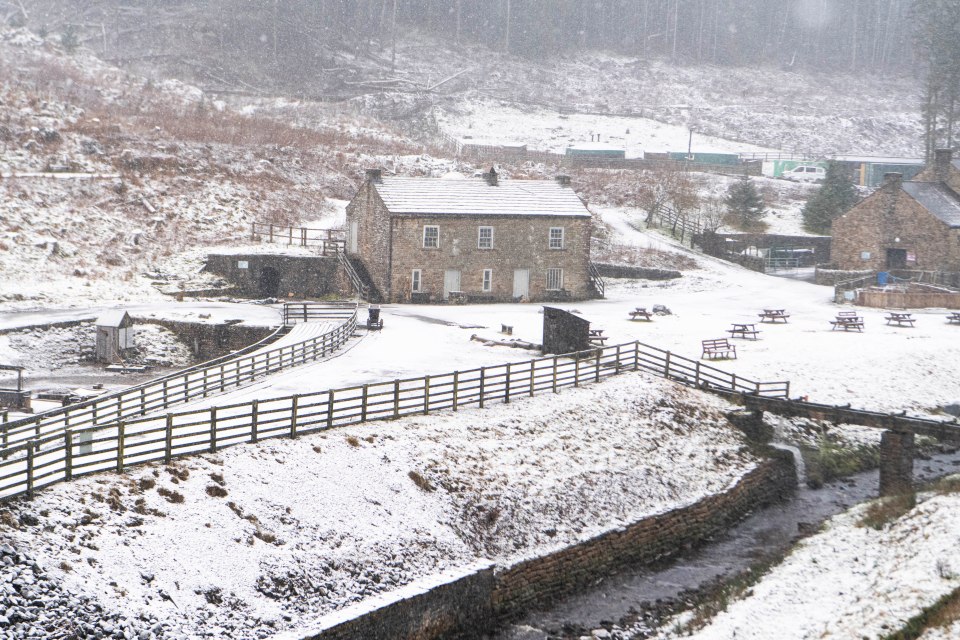 A dusting of snow on the roof of the Killhope Mining Museum in County Durham