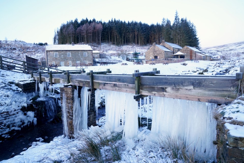 Icicles hang from a bridge at the Killhope slate mine in County Durham